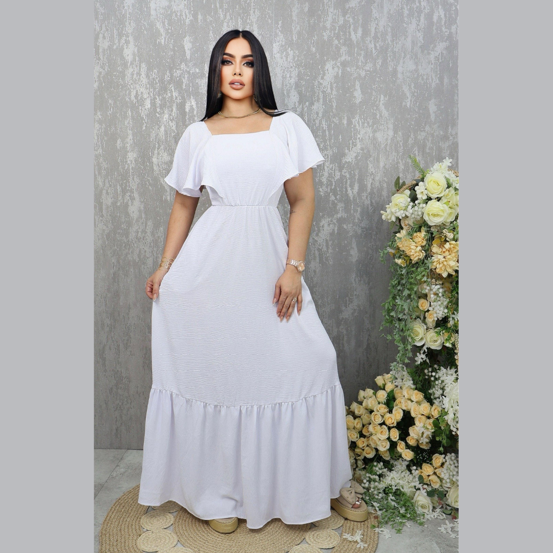 Vestido largo con escote cuadrado y manga tipo capa para mujer