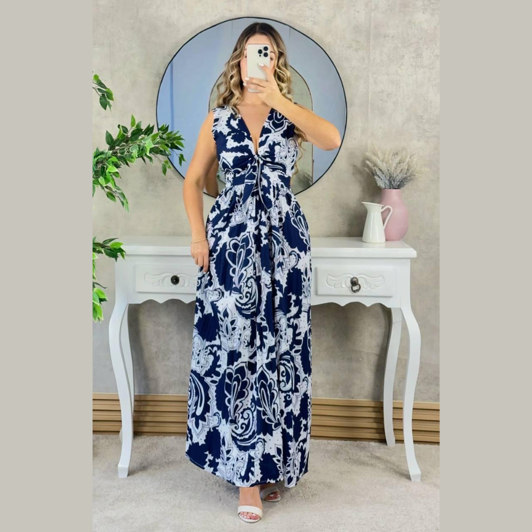 Vestido largo estampado con nudo frontal