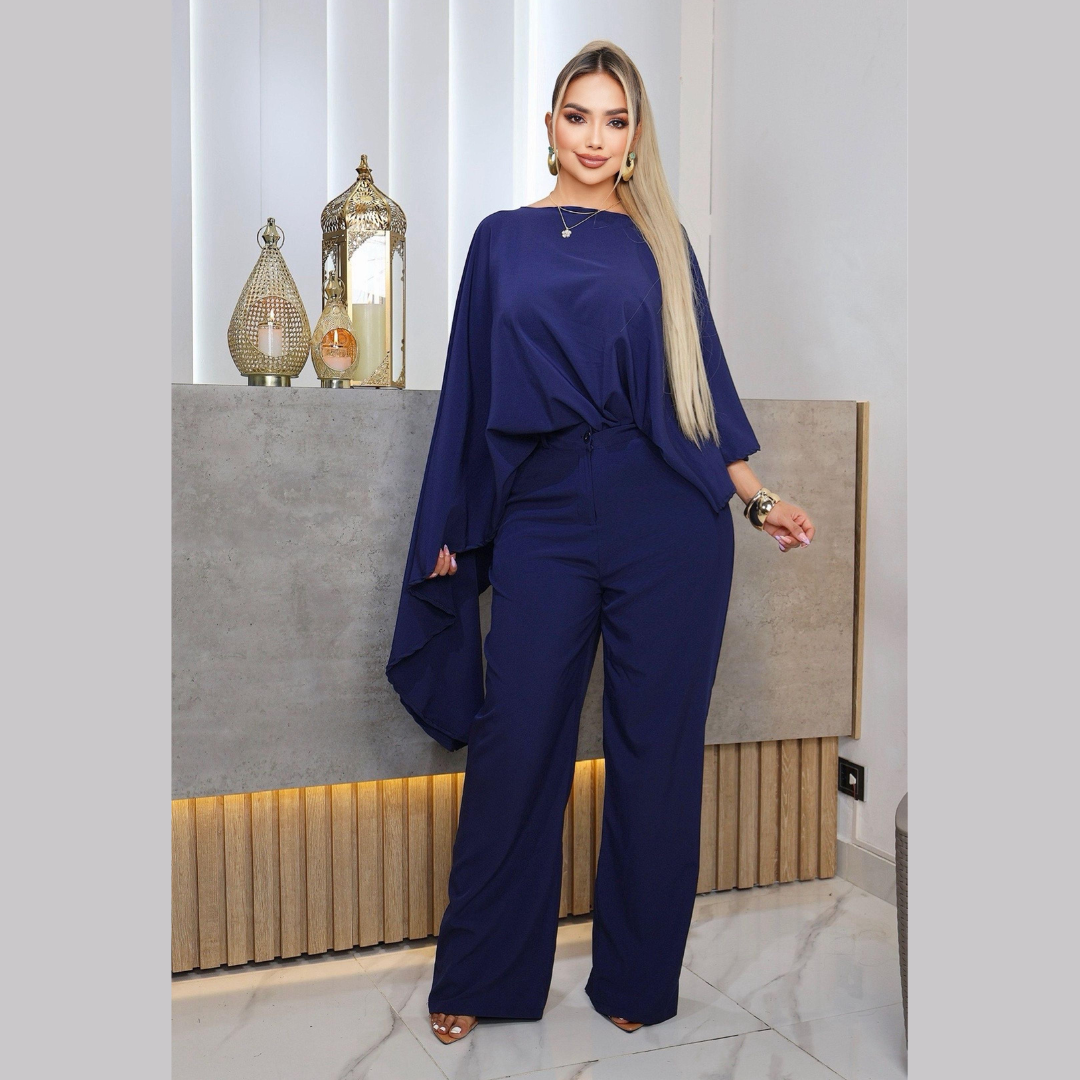 Conjunto elegante con blusa asimétrica y pantalón ancho