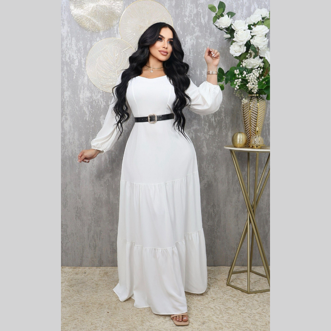 Vestido largo burdeos con cinturón y mangas abullonadas