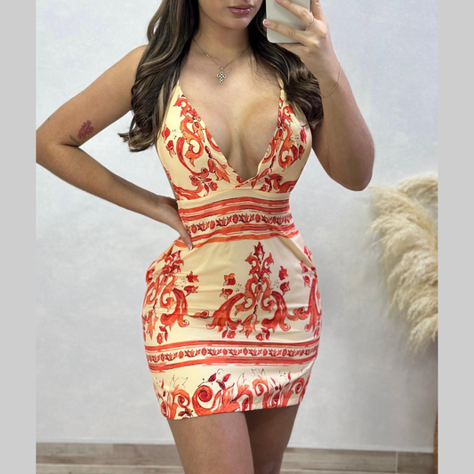 Vestido corto estampado  Escote profundo y tiras delgadas