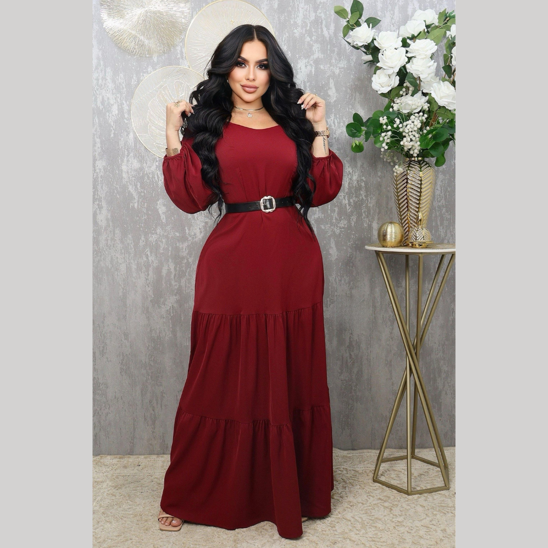 Vestido largo burdeos con cinturón y mangas abullonadas