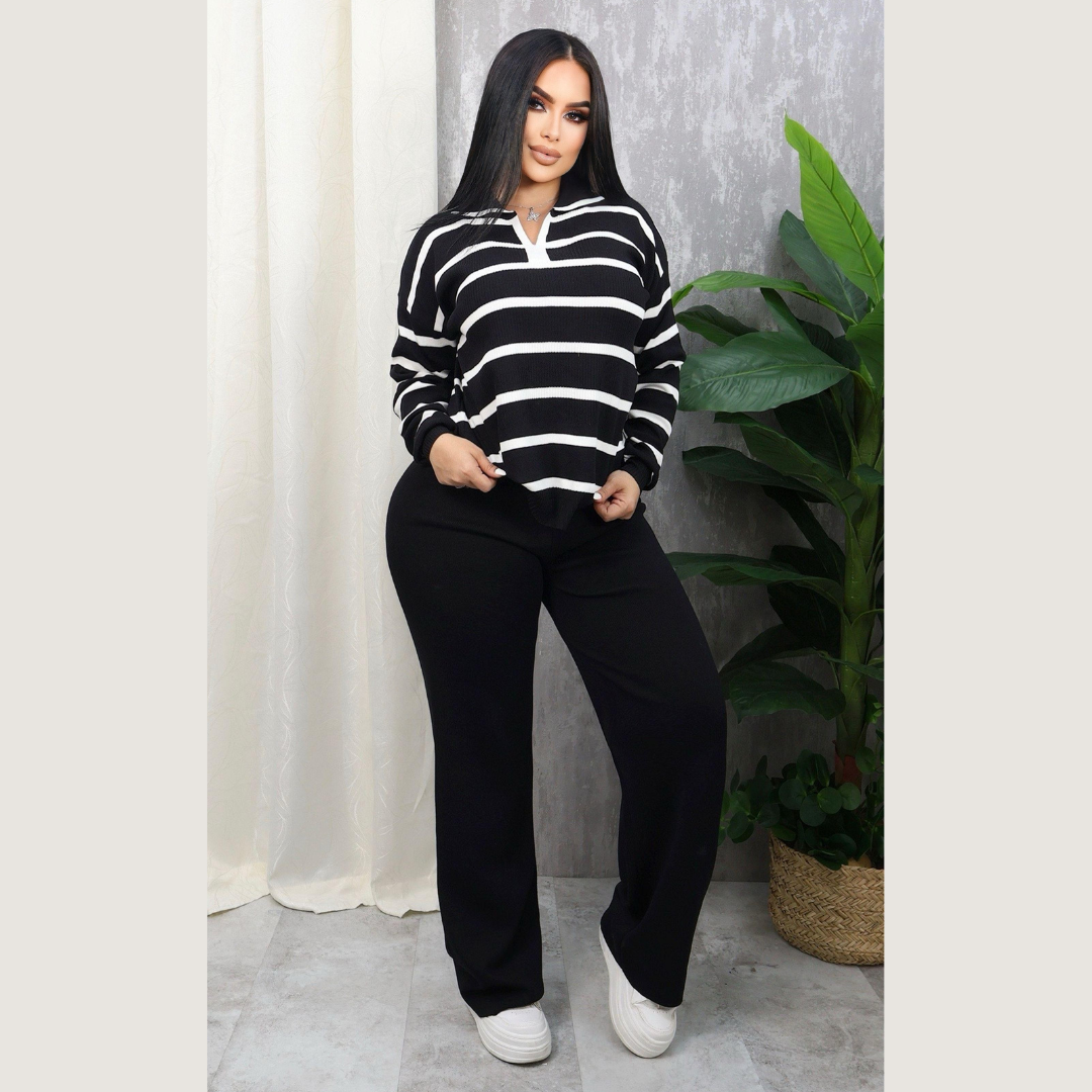 Conjunto casual chic de dos piezas con blusa polo rayada y pantalón ancho
