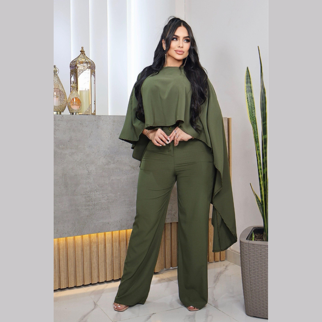 Conjunto elegante con blusa asimétrica y pantalón ancho