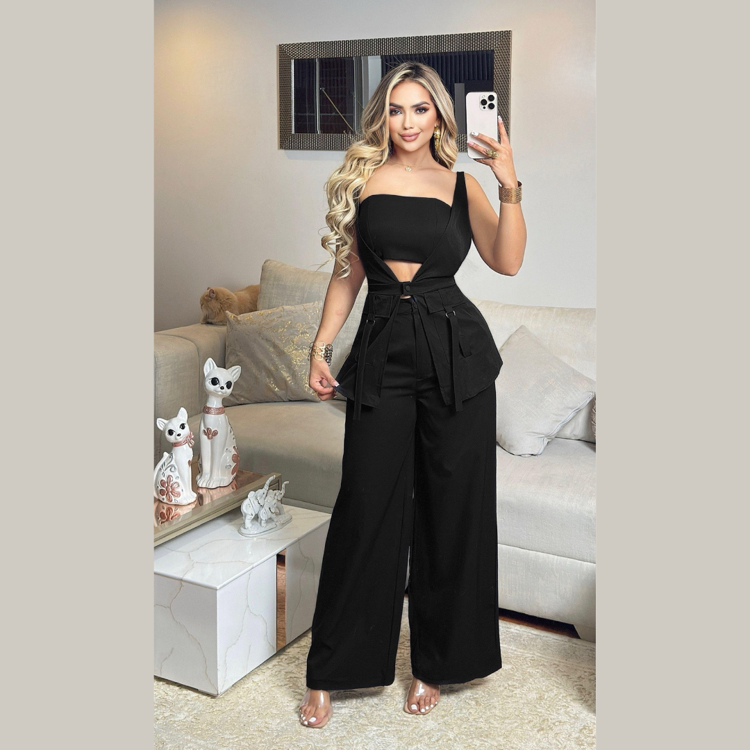 Conjunto de Mujer Pantalón Palazzo y Chaleco con Cinturón