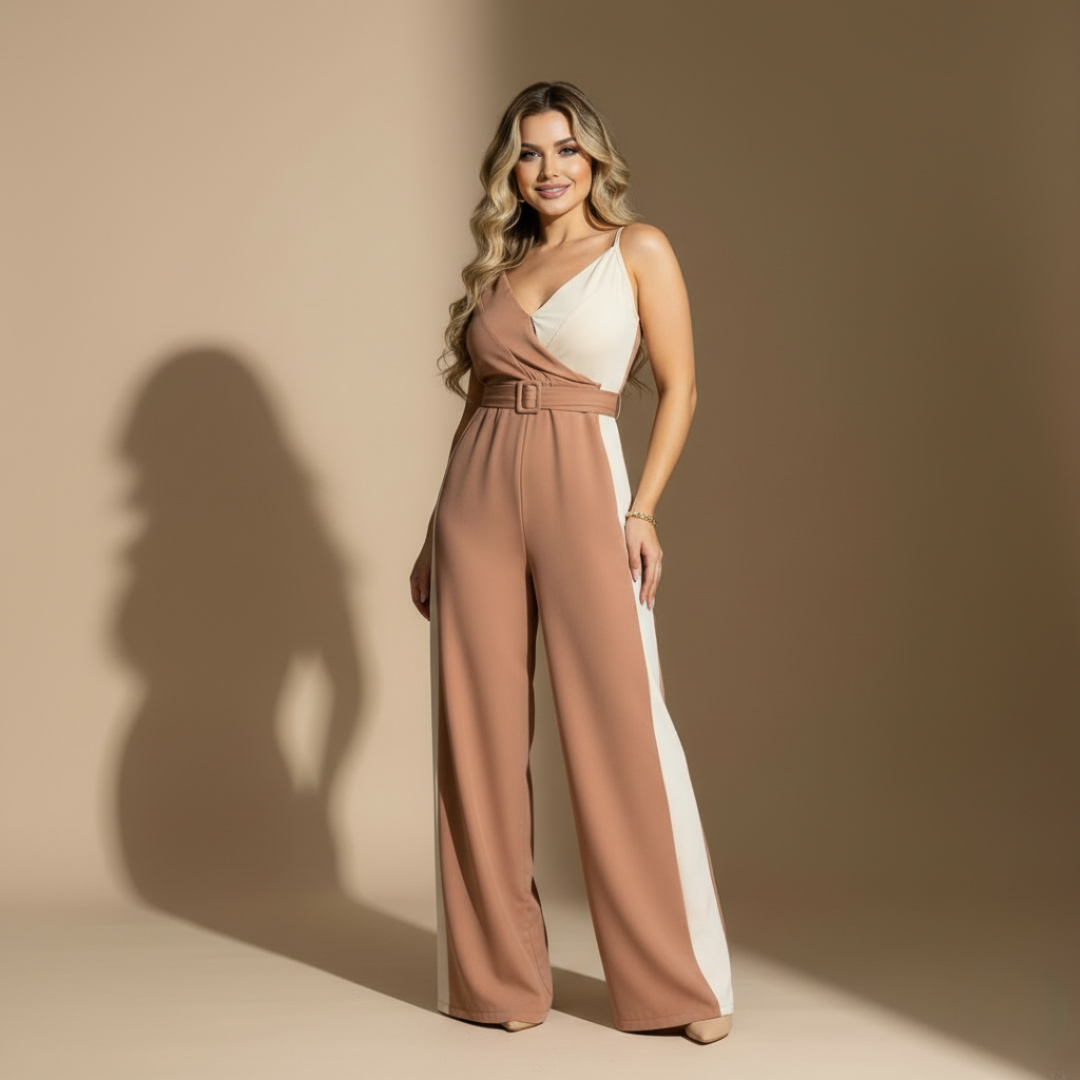 Enterizo bicolor con escote cruzado, tirantes delgados y pantalón ancho