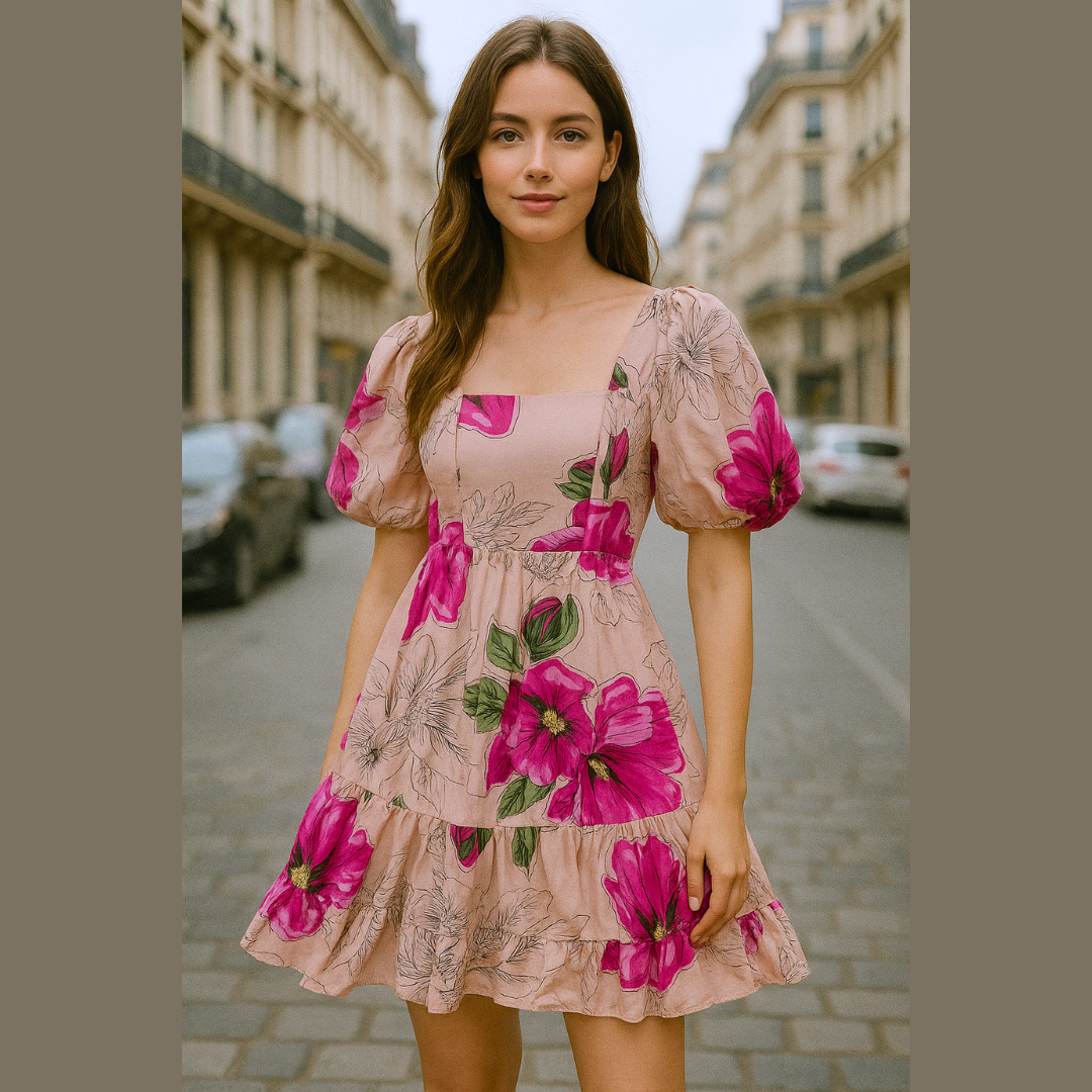 Vestido corto flores mangas