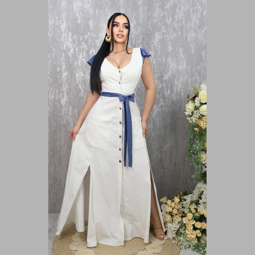 Vestido largo con botones, bolsillos y cinturón en contraste