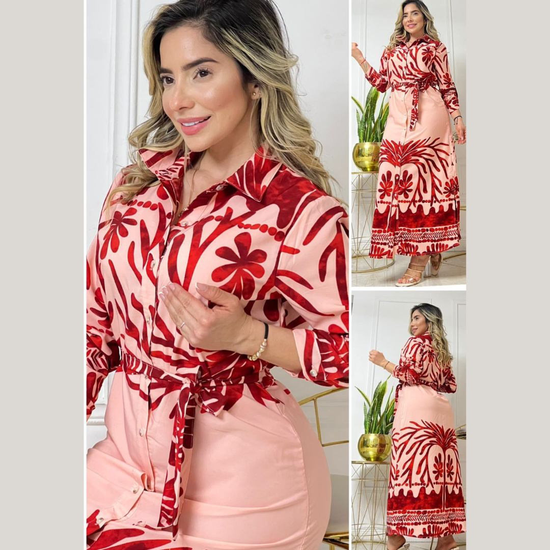 Vestido largo camisero estampado con cinturón