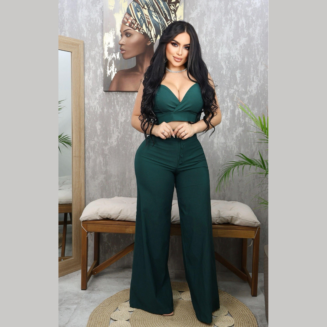 Set de top cruzado y pantalón tiro alto bota ancha para mujer