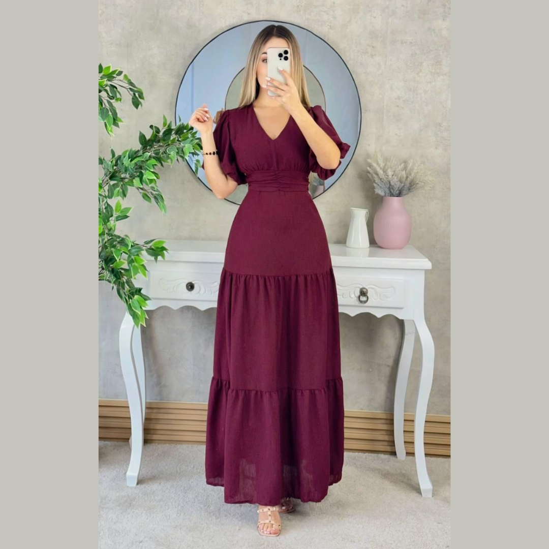 Vestido largo burdeos con mangas globo y escote en V