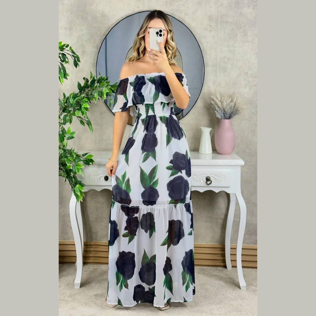 Vestido largo blanco con estampado floral y escote bandeja