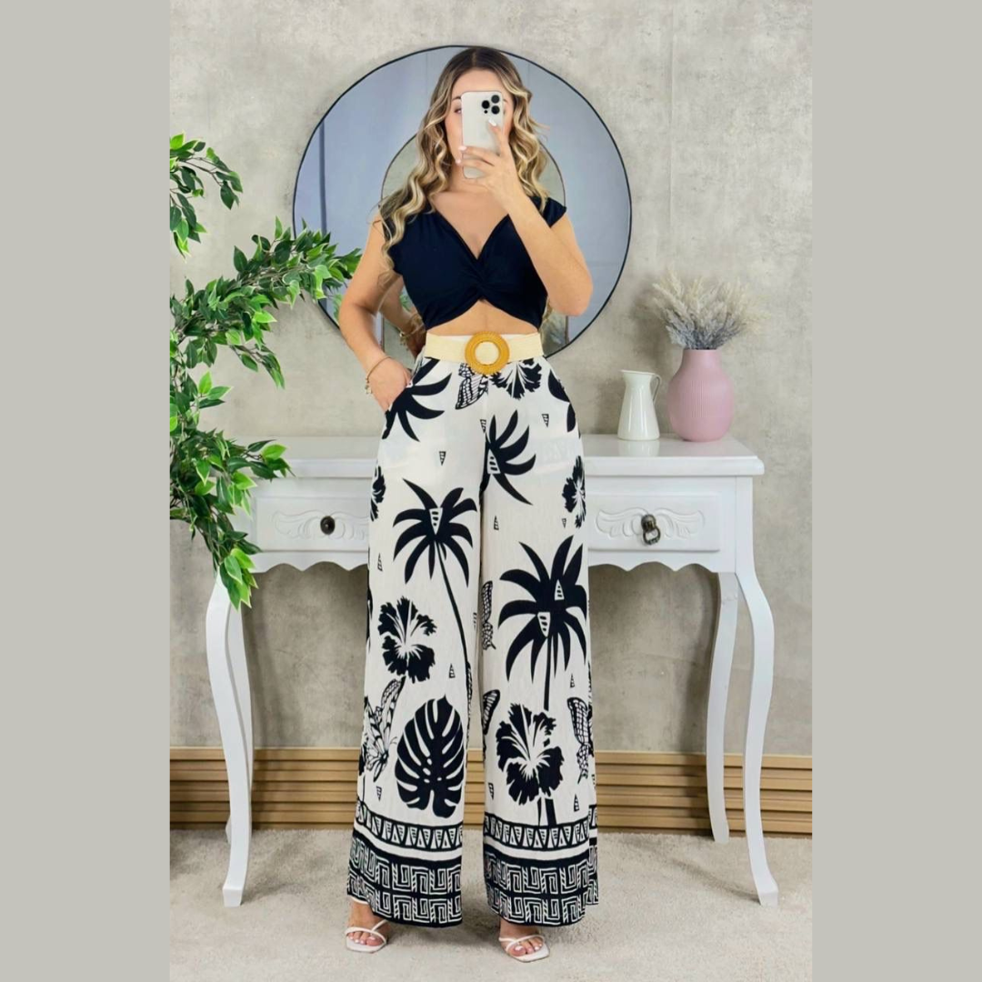 Conjunto de pantalón palazzo estampado y top cruzado