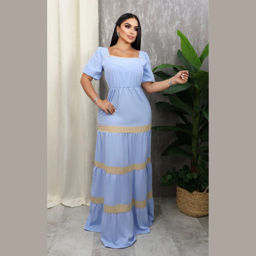 Vestido largo con mangas cortas y detalles en contraste para mujer