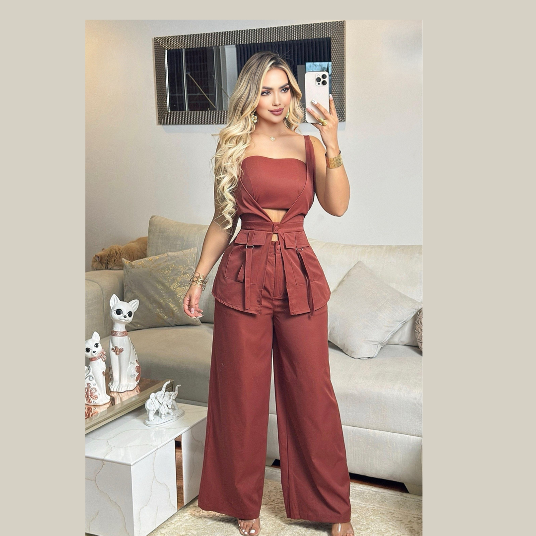 Conjunto de Mujer Pantalón Palazzo y Chaleco con Cinturón