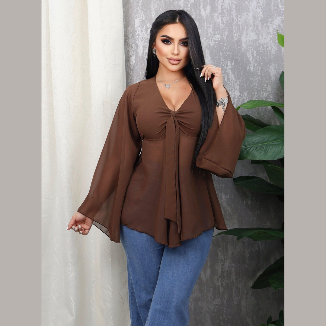 Blusa de Mujer con Lazo Frontal y Mangas Acampanadas