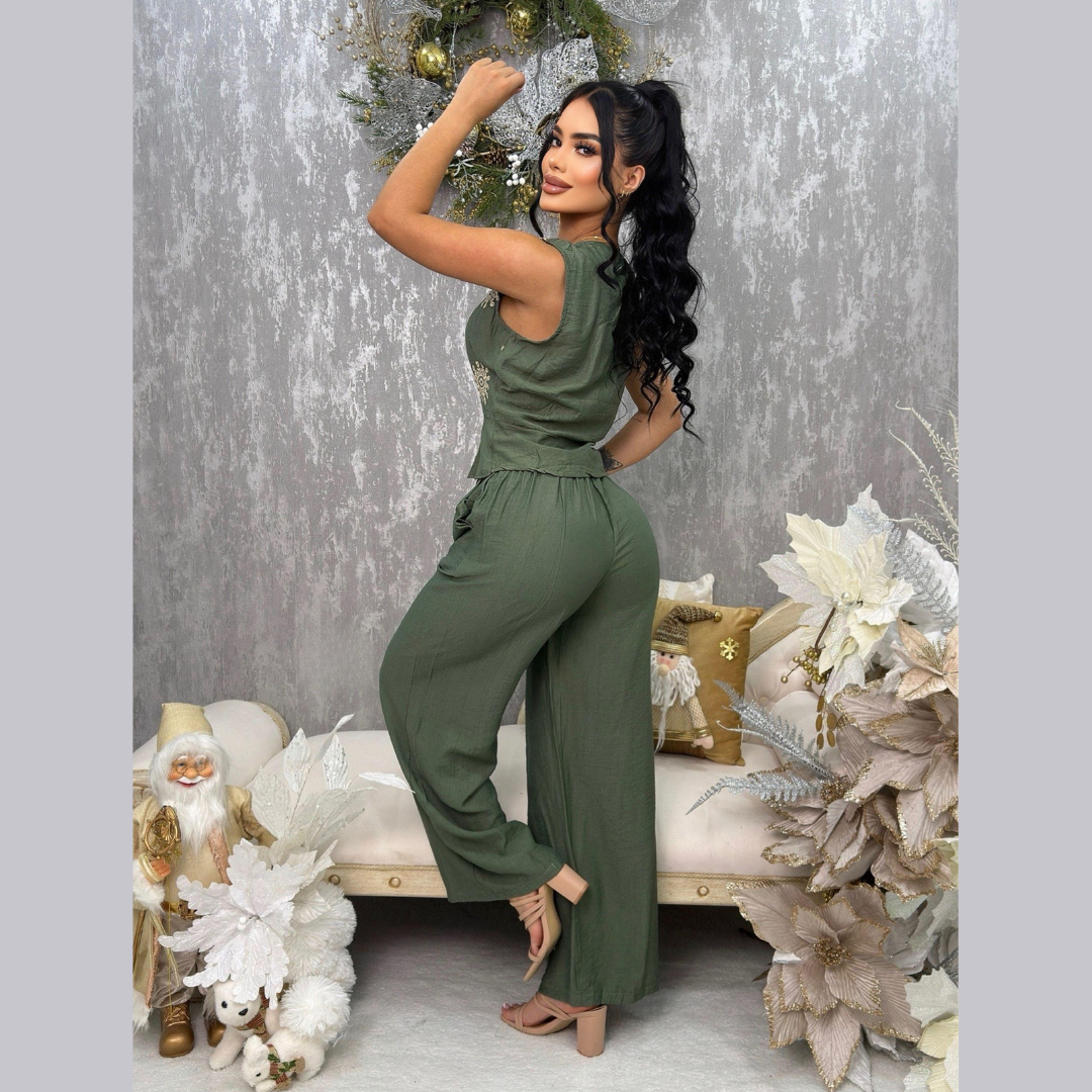 Conjunto dos piezas con chaleco bordado y pantalón bota ancha