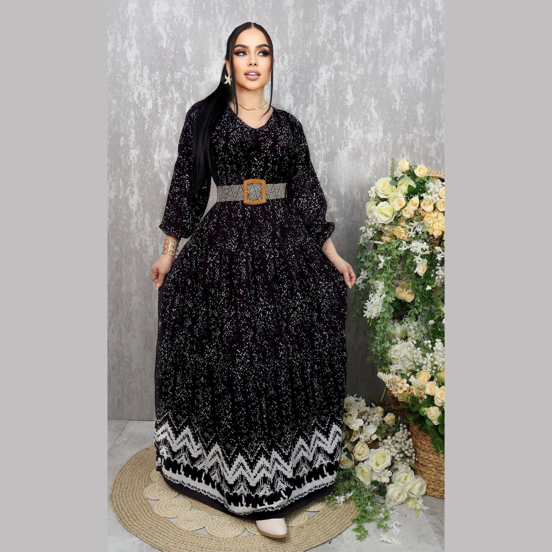 Vestido Largo Elegante para Mujer - Diseño Bohemio con Cinturón y Estampado