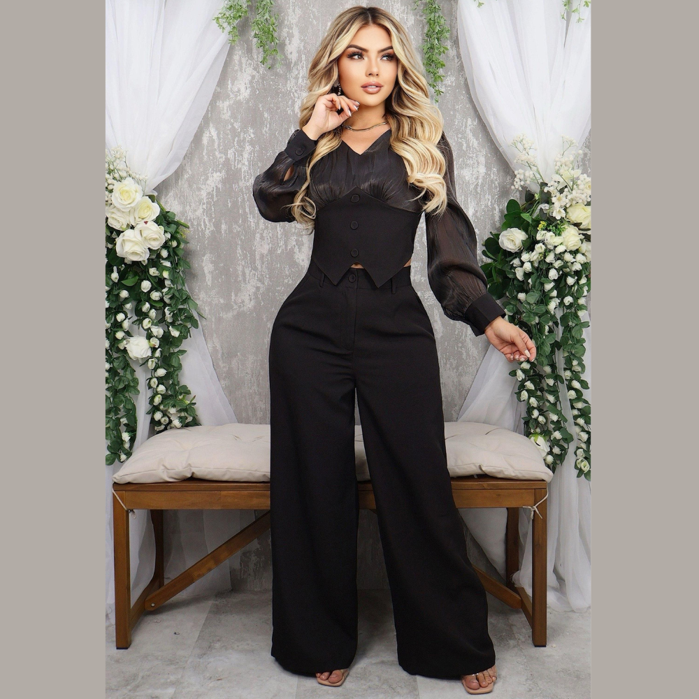 Conjunto elegante para mujer con chaleco y pantalón bota ancha