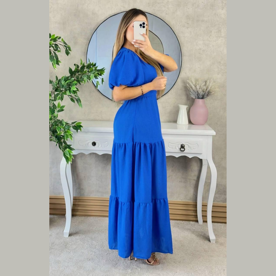 Vestido largo burdeos con mangas globo y escote en V
