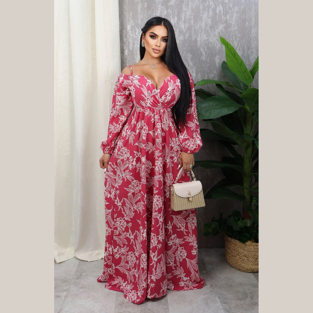 Vestido Largo Floral con Escote en V y Hombros Descubiertos