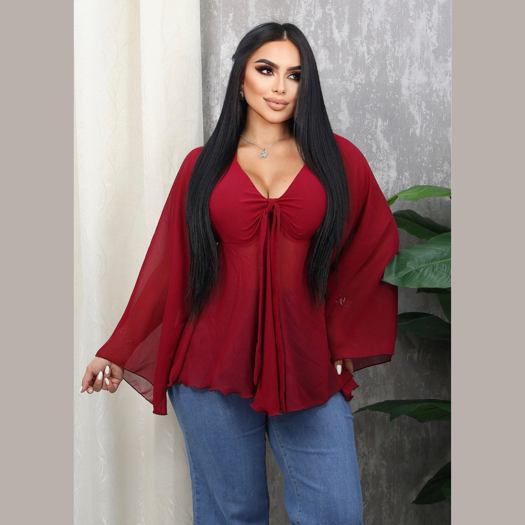 Blusa de Mujer con Lazo Frontal y Mangas Acampanadas