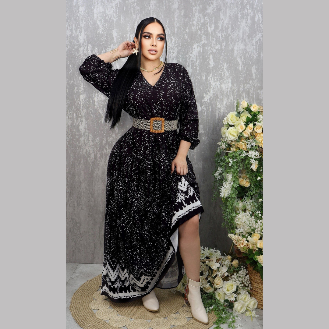 Vestido Largo Elegante para Mujer - Diseño Bohemio con Cinturón y Estampado