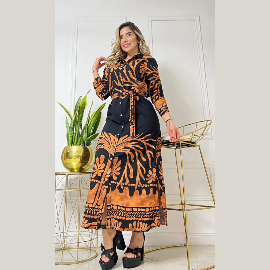 Vestido largo camisero estampado con cinturón
