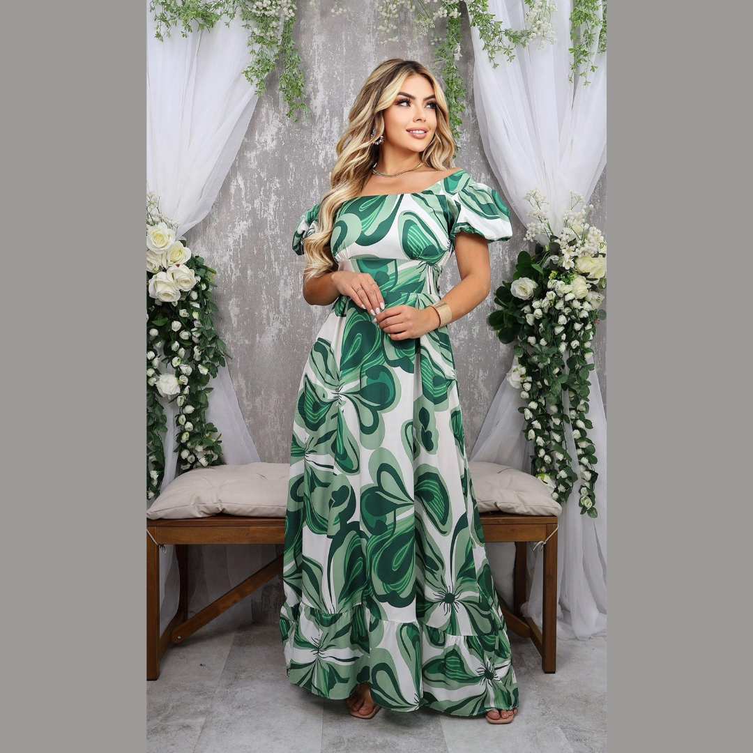 Vestido largo estampado floral con escote cuadrado y manga bombacha