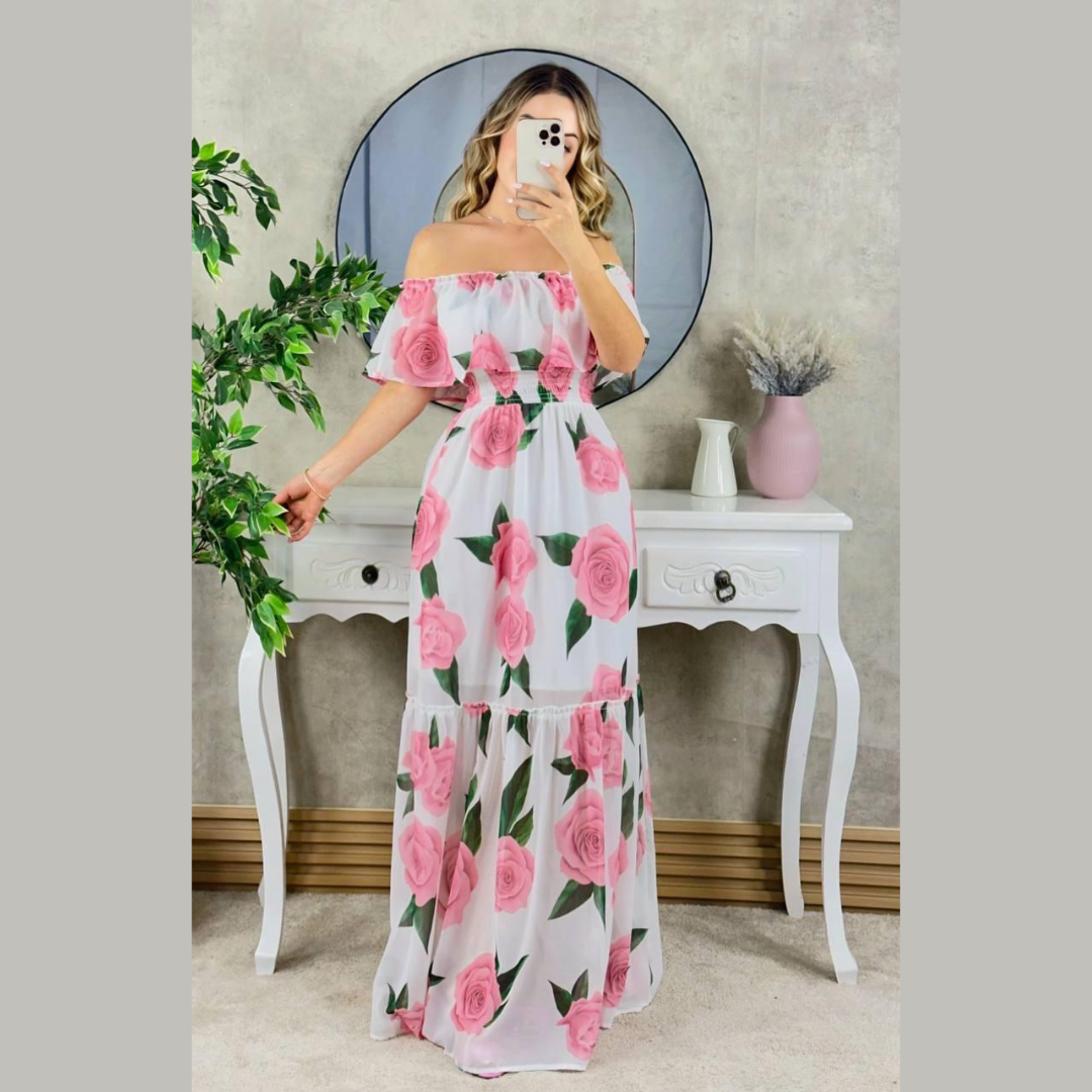 Vestido largo blanco con estampado floral y escote bandeja