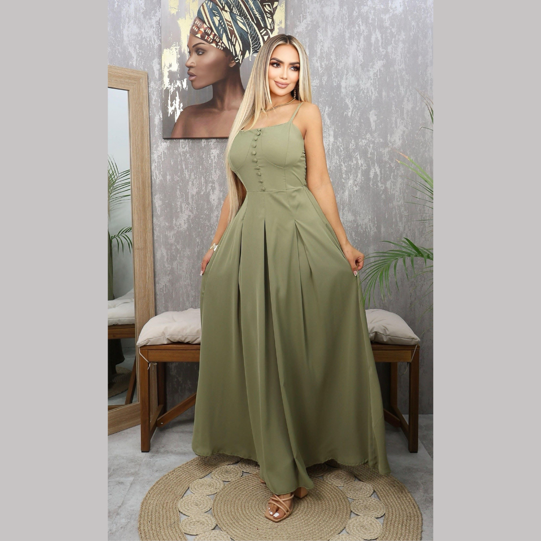Vestido de gala con tirantes finos y falda plisada en corte amplio