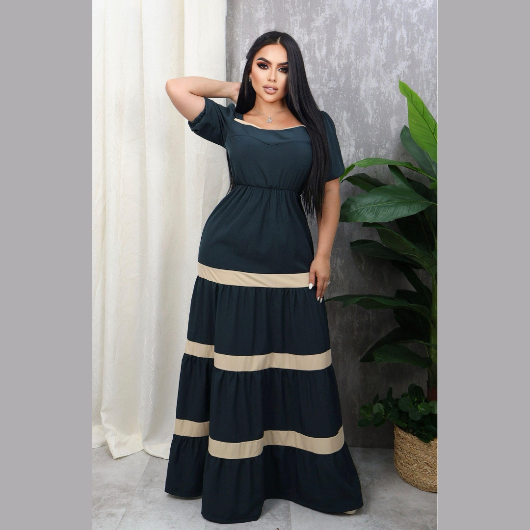 Vestido largo con mangas cortas y detalles en contraste para mujer