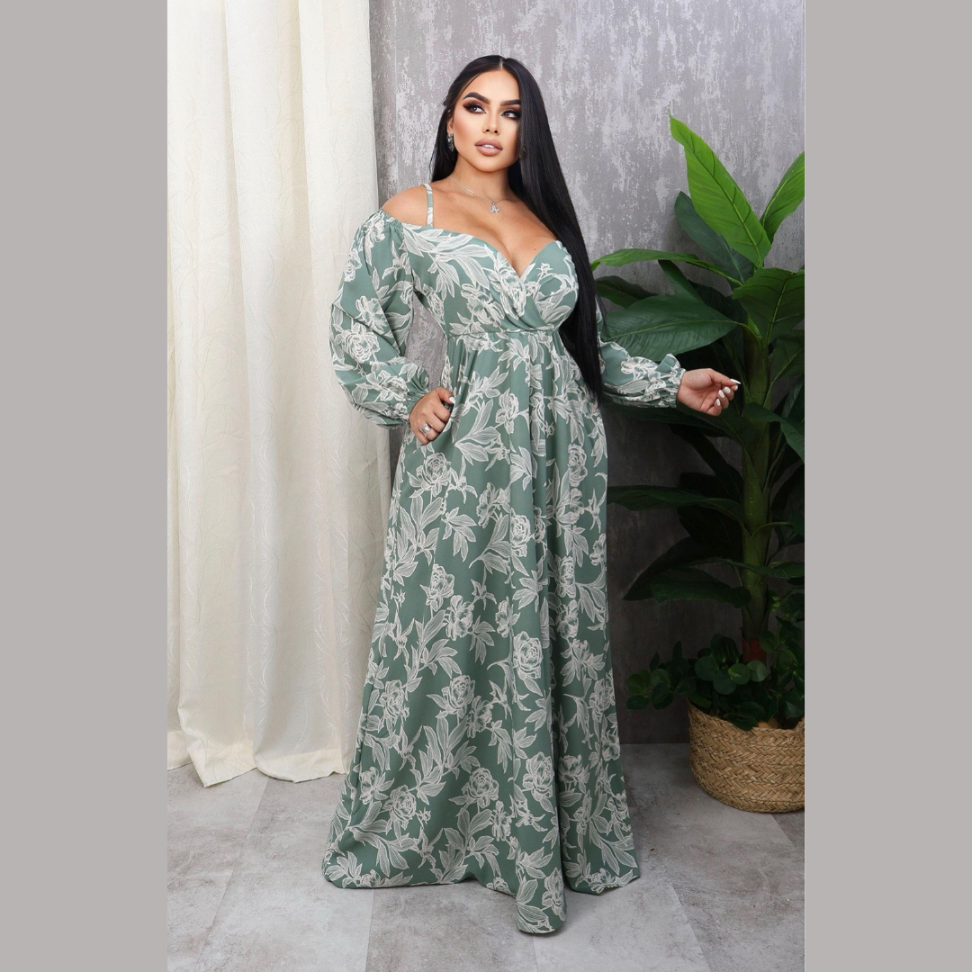 Vestido Largo Floral con Escote en V y Hombros Descubiertos