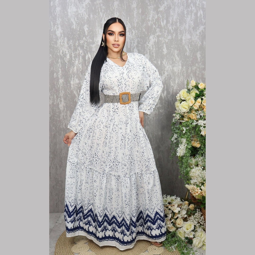 Vestido Largo Elegante para Mujer - Diseño Bohemio con Cinturón y Estampado
