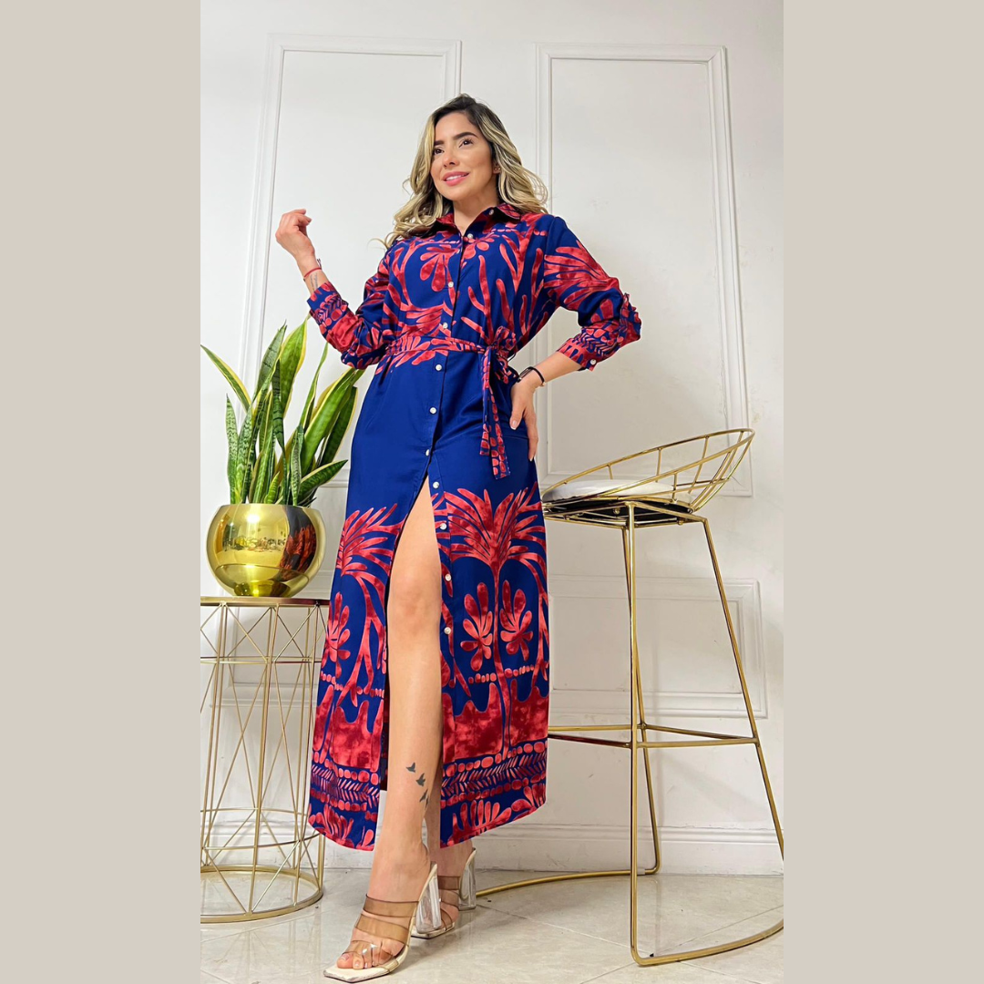 Vestido largo camisero estampado con cinturón