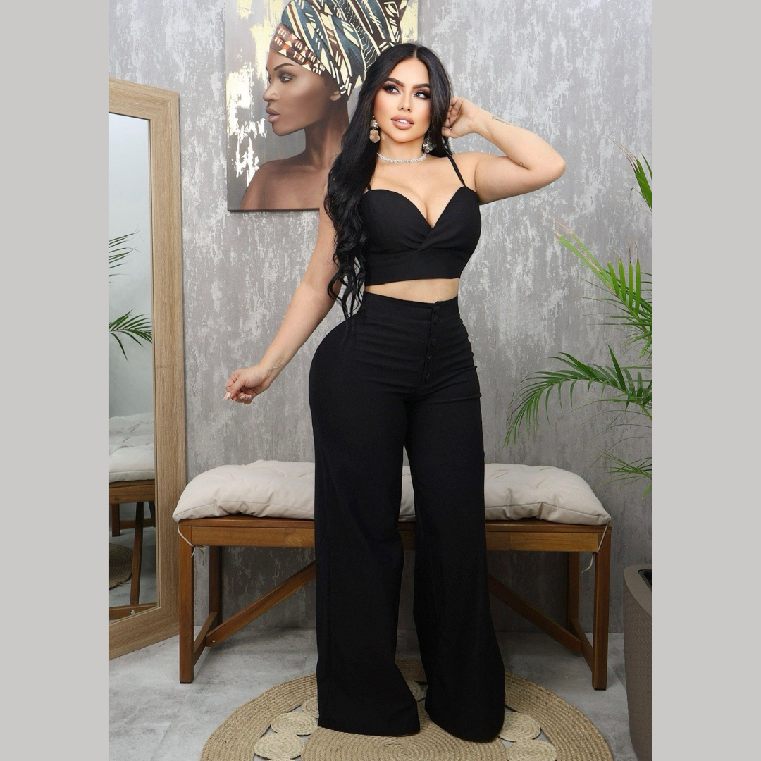 Set de top cruzado y pantalón tiro alto bota ancha para mujer