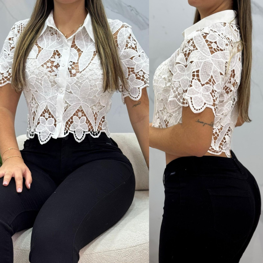 Blusa de Encaje Crop Top Manga Corta para Mujer - Elegancia Casual