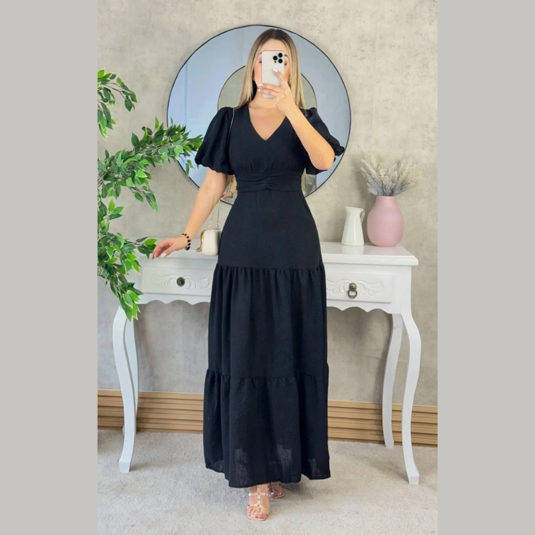 Vestido largo burdeos con mangas globo y escote en V