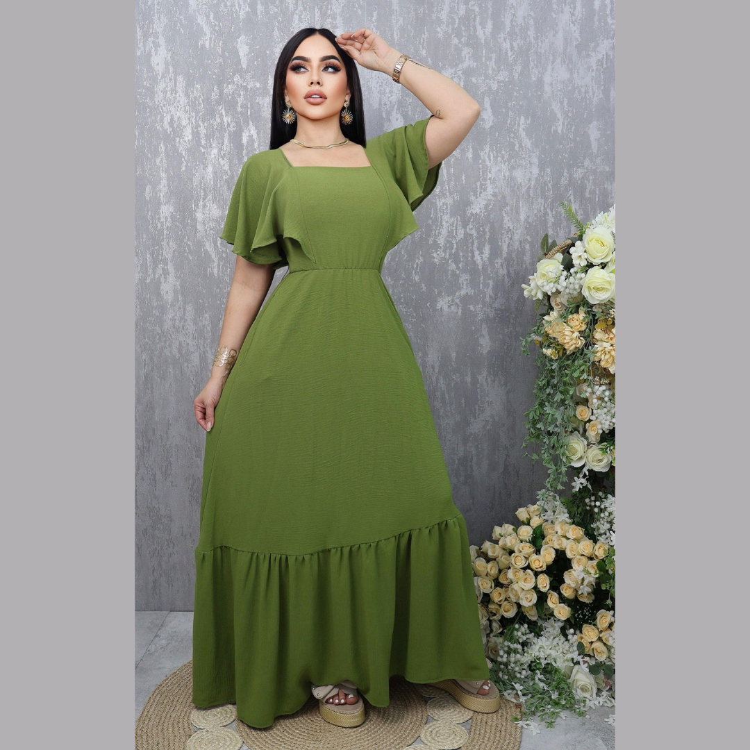 Vestido largo con escote cuadrado y manga tipo capa para mujer