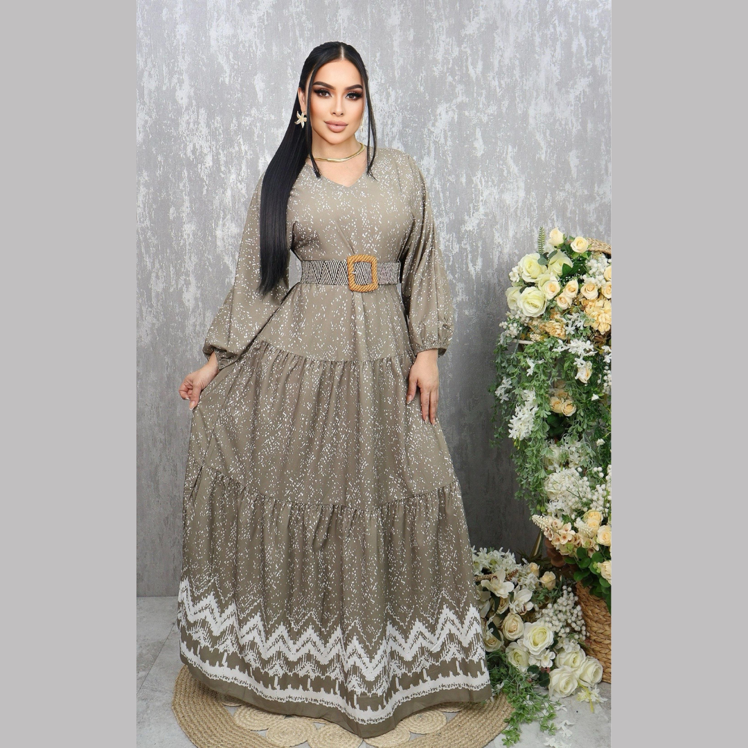 Vestido Largo Elegante para Mujer - Diseño Bohemio con Cinturón y Estampado