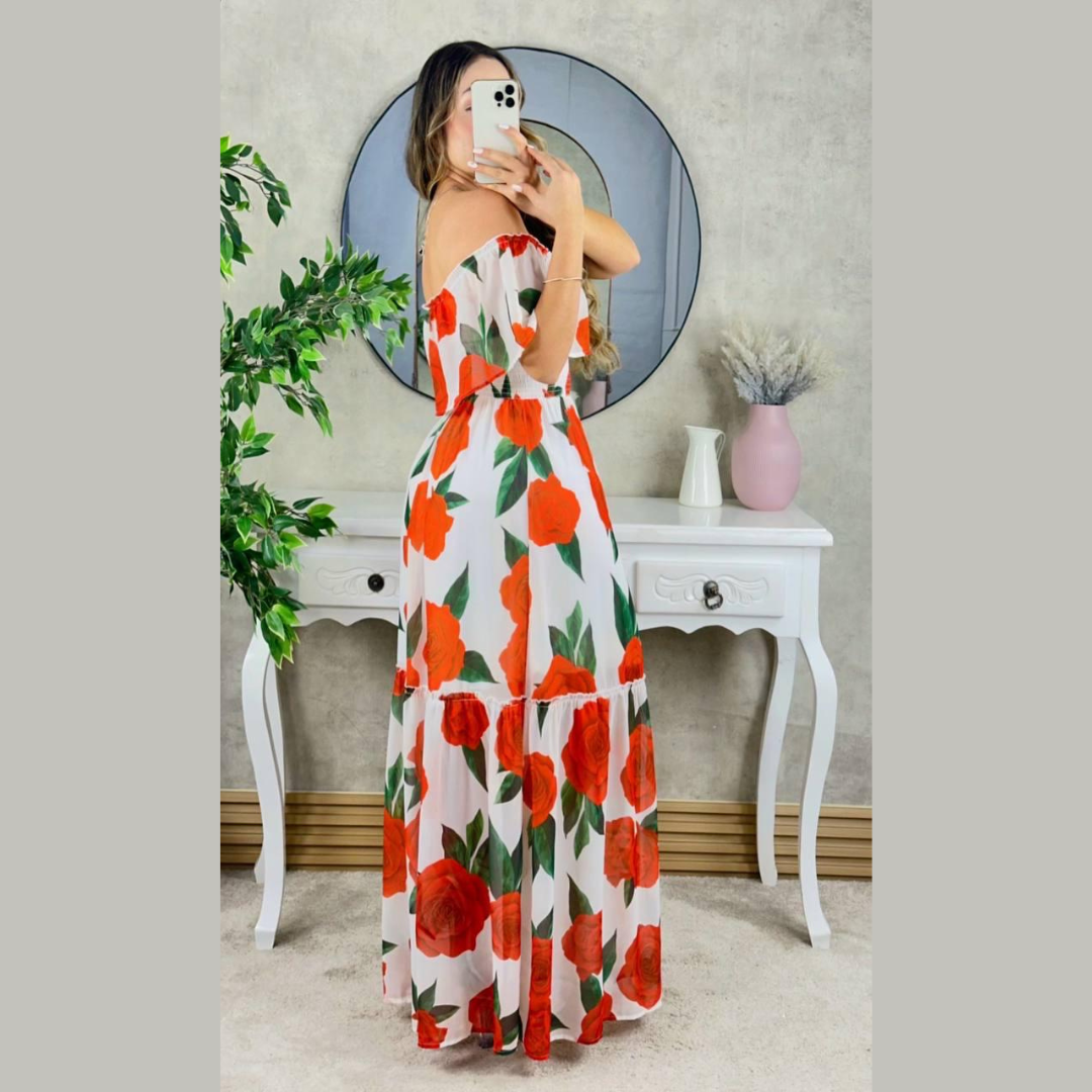 Vestido largo blanco con estampado floral y escote bandeja