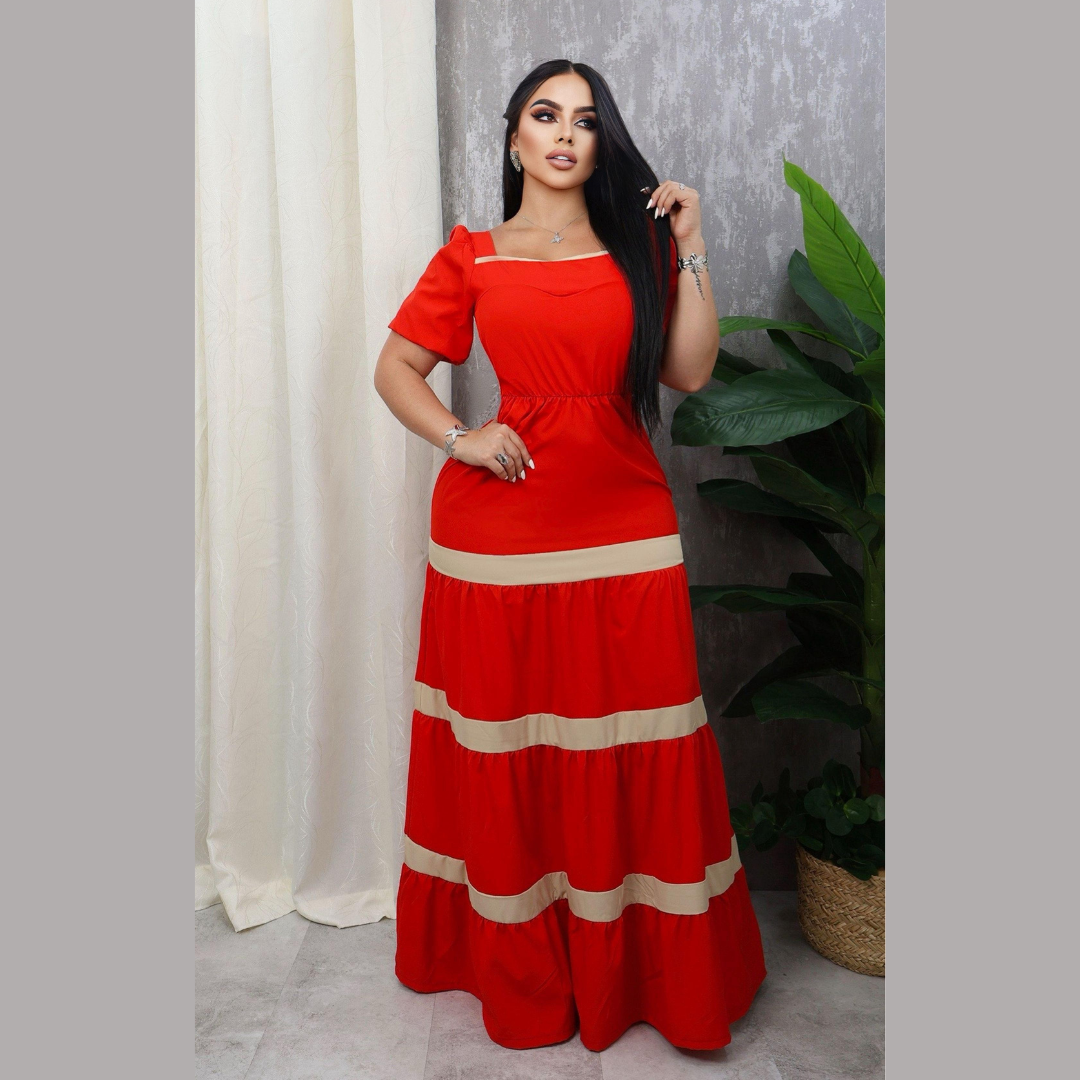 Vestido largo con mangas cortas y detalles en contraste para mujer
