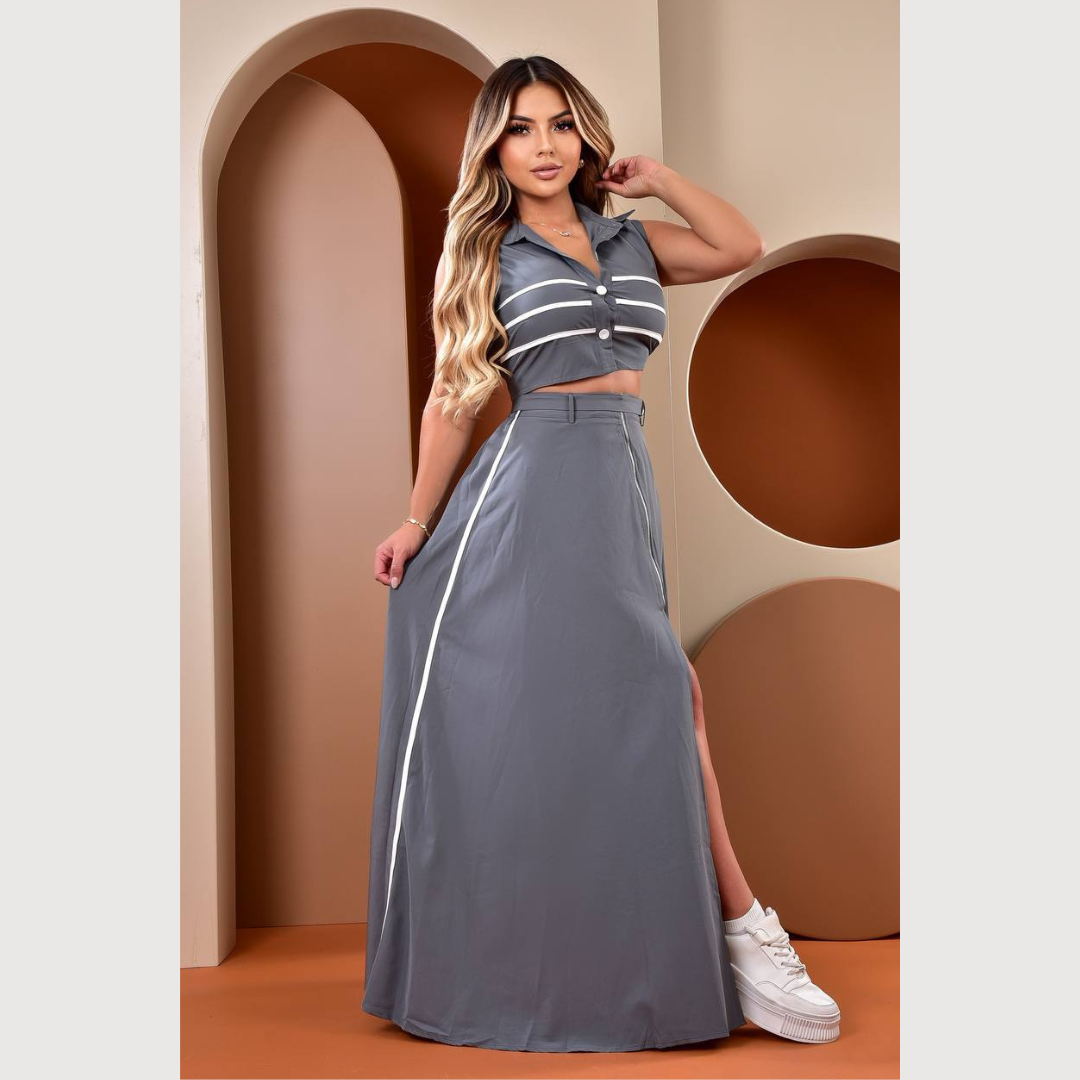 Conjunto Elegante para Mujer de Top Corto con Botones y Falda Larga