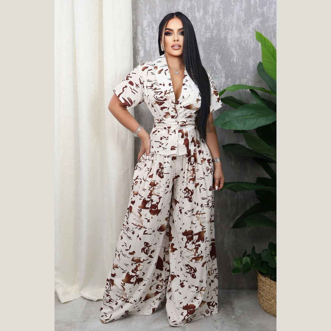 Conjunto plisado dos piezas blusa multiuso y pantalón resorte tiro alto