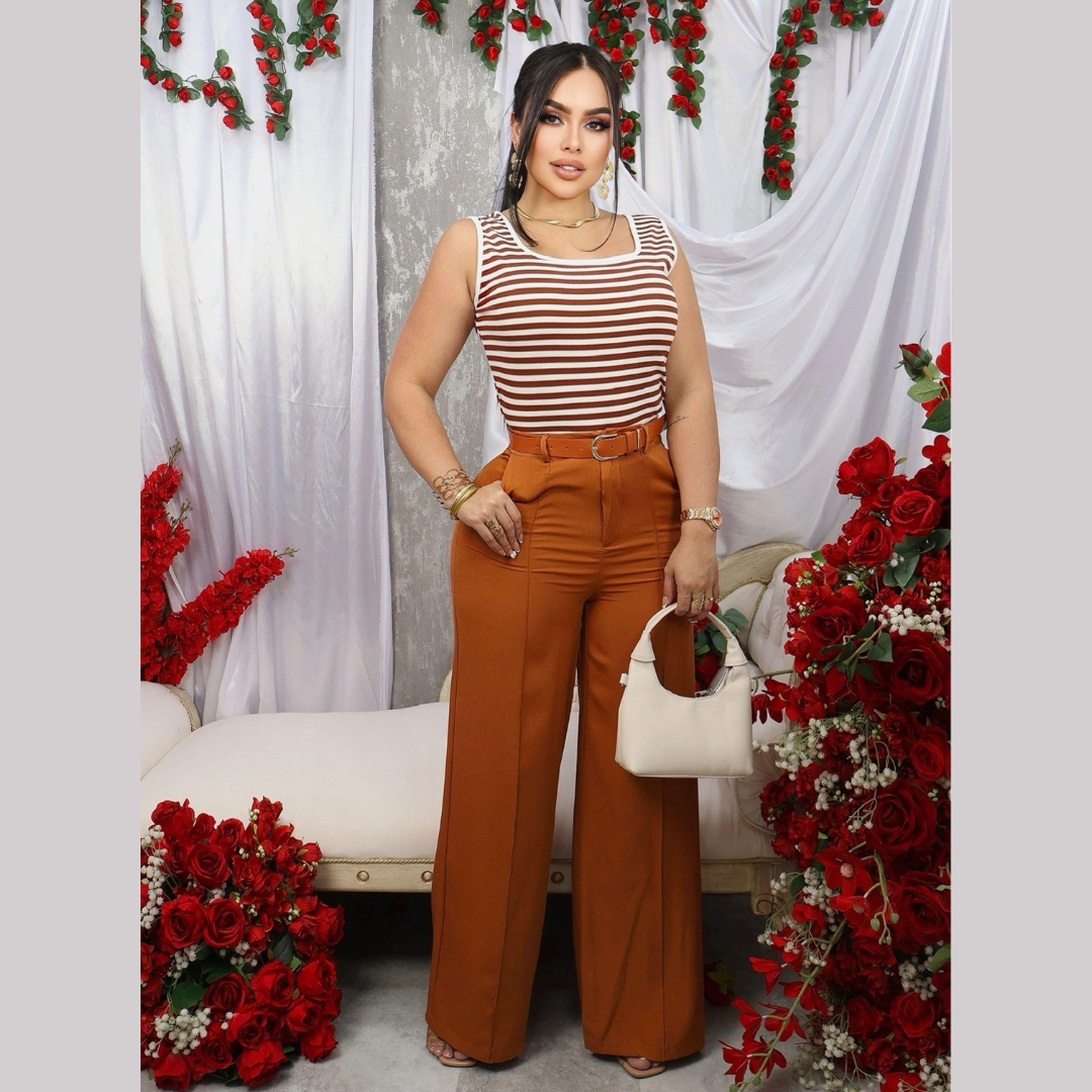 Conjunto de blusa sin mangas a rayas y pantalón palazzo de tiro alto