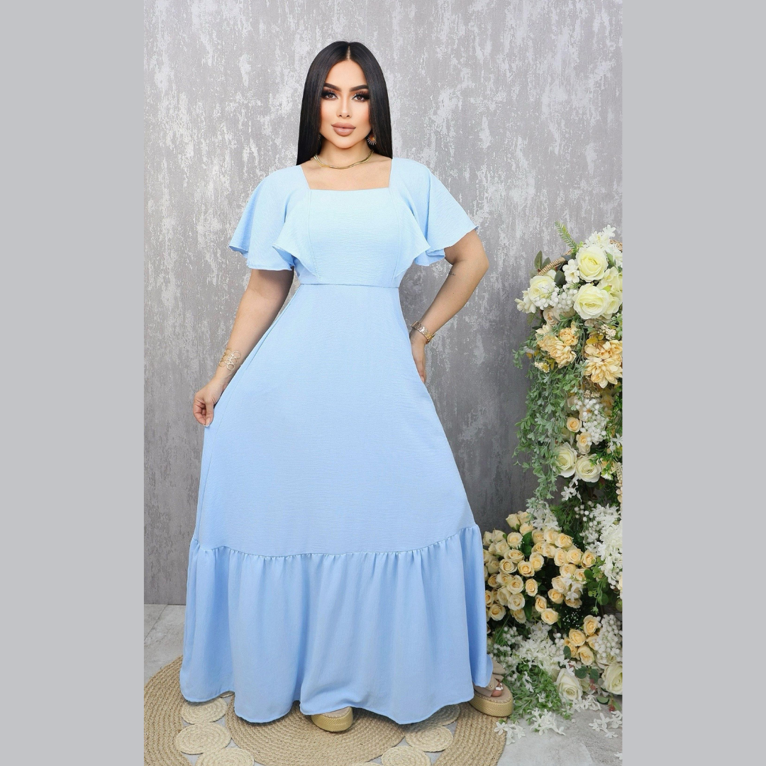 Vestido largo con escote cuadrado y manga tipo capa para mujer