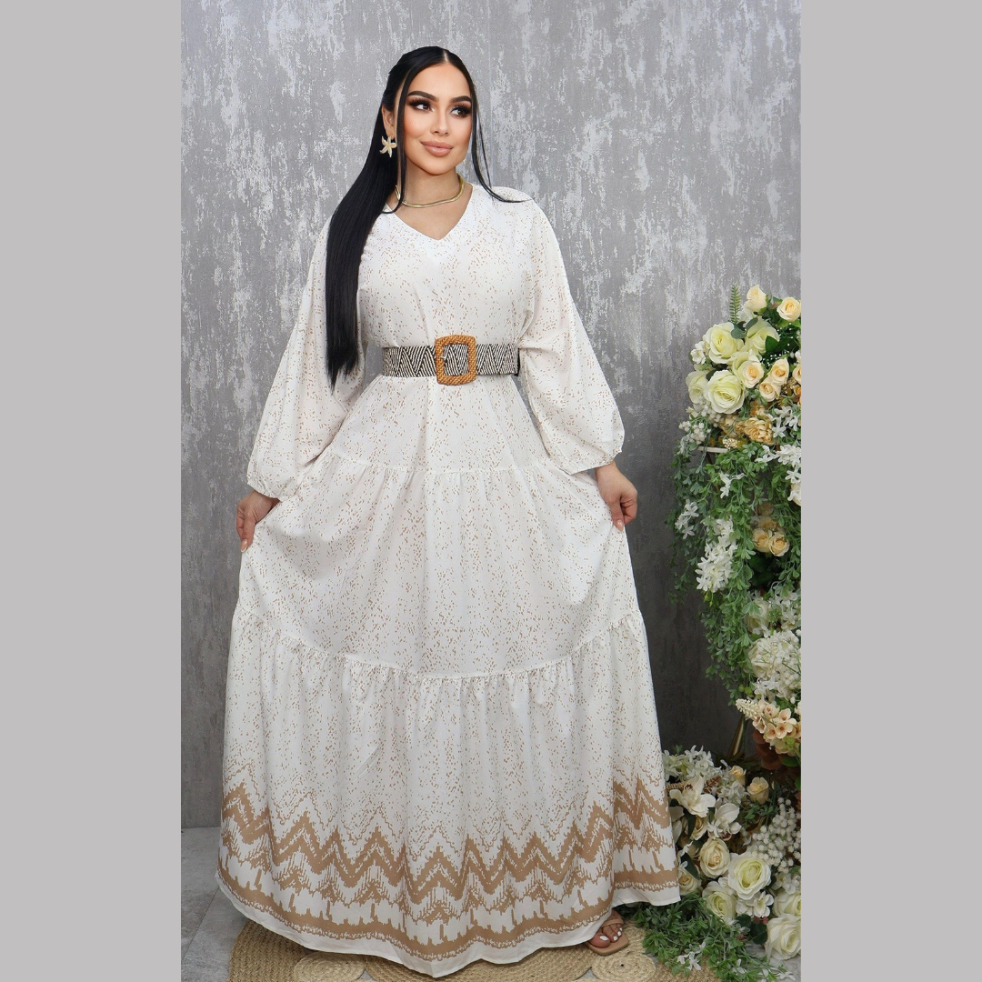 Vestido Largo Elegante para Mujer - Diseño Bohemio con Cinturón y Estampado