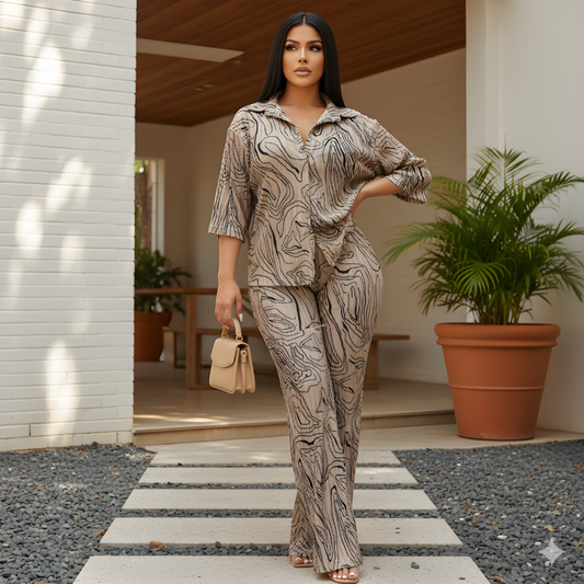 Conjunto de blusa y pantalón holgado con estampado elegante para mujer