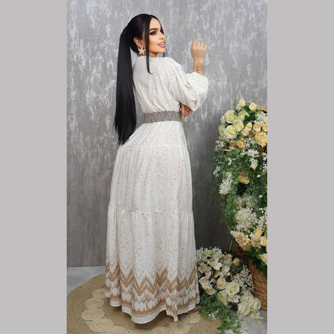 Vestido Largo Elegante para Mujer - Diseño Bohemio con Cinturón y Estampado