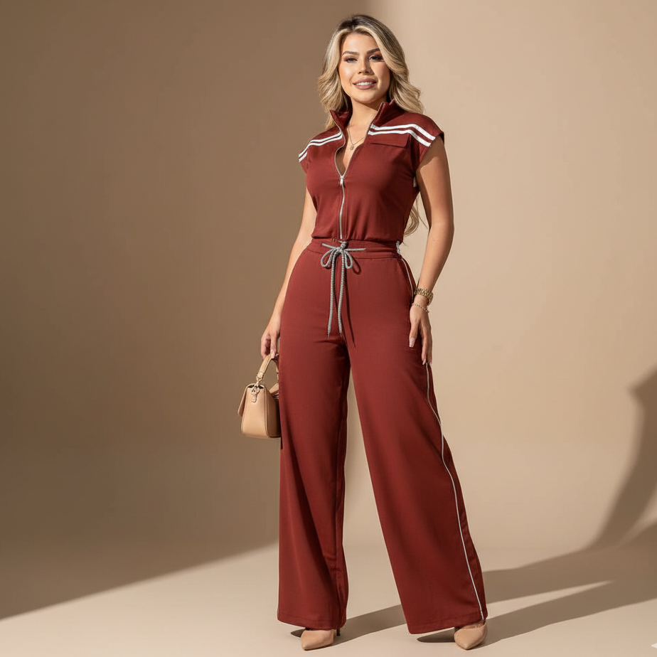 Conjunto Elegante para Mujer de Top con Cierre y Pantalón de Corte Recto